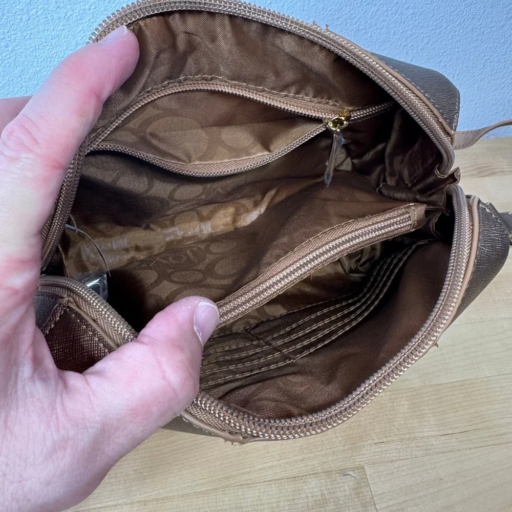 Joy‎ Mangano Bronze Metallic Saffiano Crossbody Bag RFID Organizer Gold Hardware